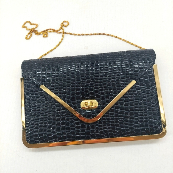 Joan Rivers Handbags - Joan Rivers Black Faux Crocodile Clutch Purse with shoulder chain black gold.